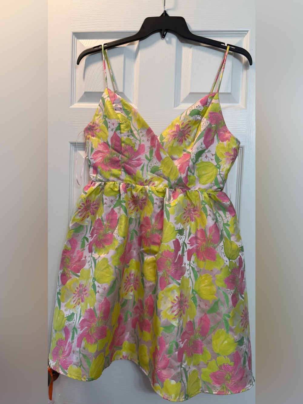 Floral Spaghetti Strap Fit-and-Flare Dress in Pink & Yellow & Green